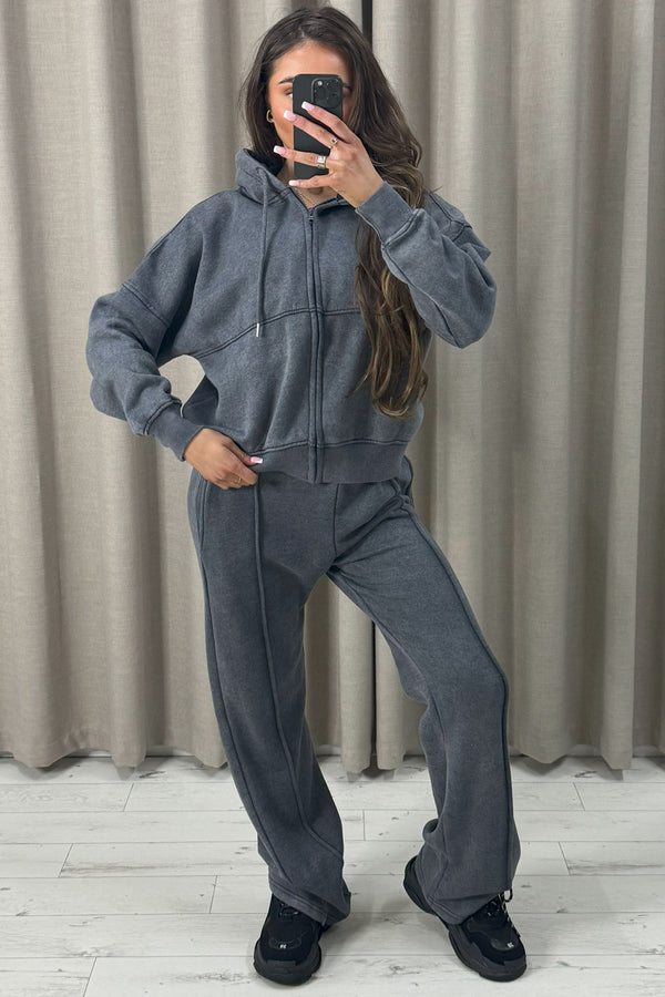 Lakara Charcoal Distressed Wash Seam Front Zip Up Hoodie and Joggers Tracksuit Set