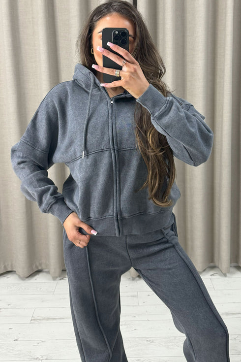 Lakara Charcoal Distressed Wash Seam Front Zip Up Hoodie and Joggers Tracksuit Set