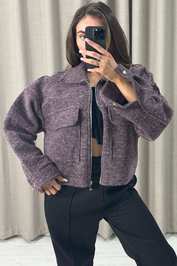 Liane Purple Wool Look Pocket Detail Zip Up Jacket