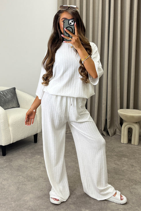 Julia White Textured Oversized Top and Wide Leg Trousers Co-Ord Set