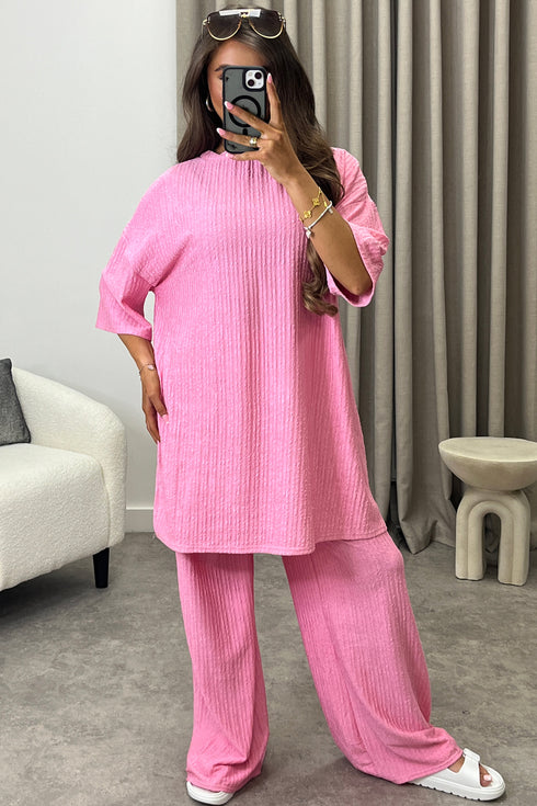 Julia Pink Textured Oversized Top and Wide Leg Trousers Co-Ord Set