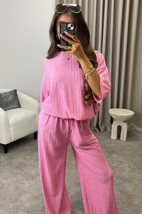 Julia Pink Textured Oversized Top and Wide Leg Trousers Co-Ord Set
