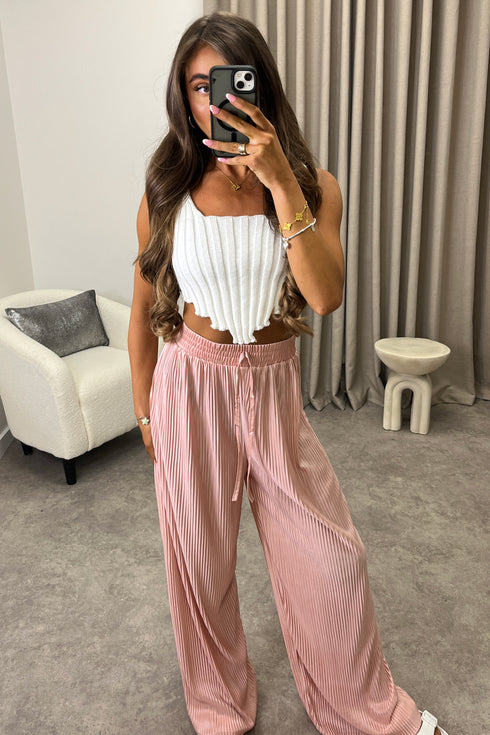 Chrissy Pink Plisse High Waisted Wide Leg Satin Trousers