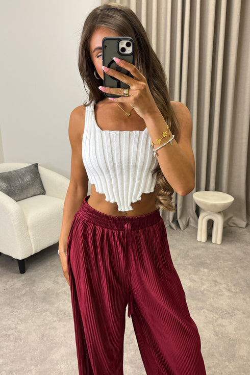 Chrissy Wine Plisse High Waisted Wide Leg Satin Trousers