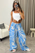 Aubrey Blue Tropical Print Plisse High Waisted Wide Leg Trousers