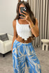 Aubrey Blue Tropical Print Plisse High Waisted Wide Leg Trousers