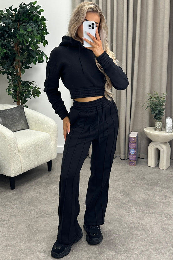 Melodie Black Seam Detail Hoodie and Wide Leg Joggers Tracksuit Set