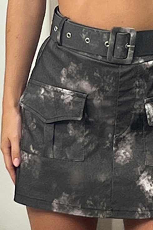 Dina Grey Tie Dye Belted High Waisted Cargo Skort