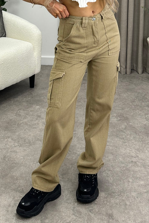 Marilyn Dark Beige Double Pocket Wide Leg Cargo Denim Jeans