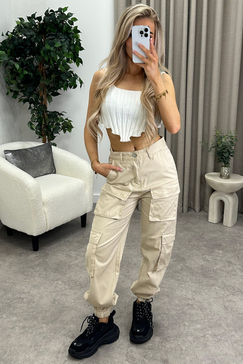 Krissy Beige Double Pocket Cargo Trousers
