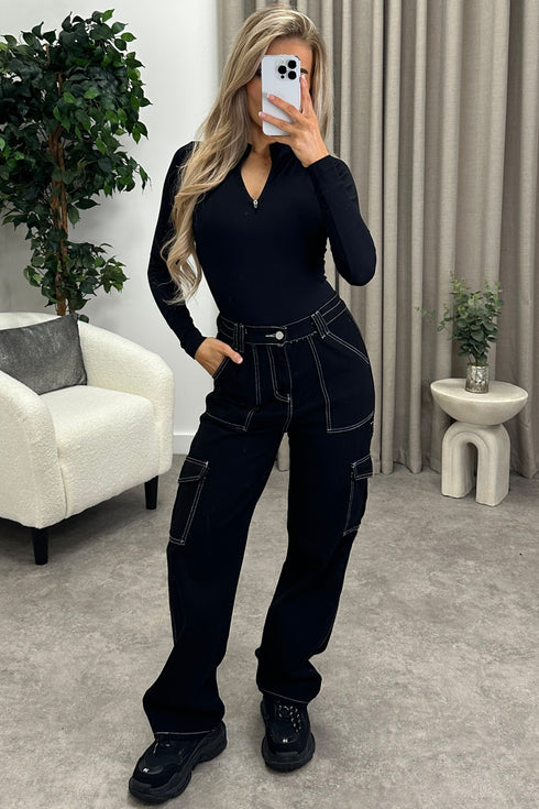 Cassie Black Wide Leg Contrast Stitch Cargo Trousers