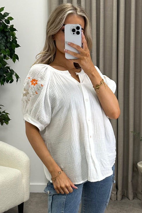 Rachey White and Orange Embroidered Button Up Shirt