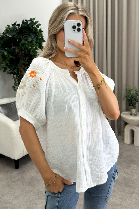 Rachey White and Orange Embroidered Button Up Shirt