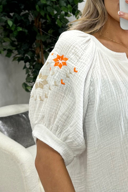 Rachey White and Orange Embroidered Button Up Shirt