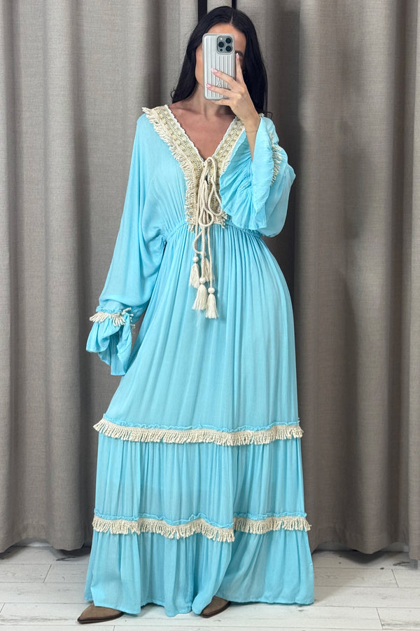Lenny Blue Tassel Tiered Maxi Dress
