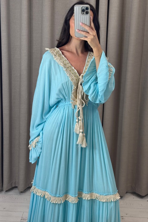 Lenny Blue Tassel Tiered Maxi Dress