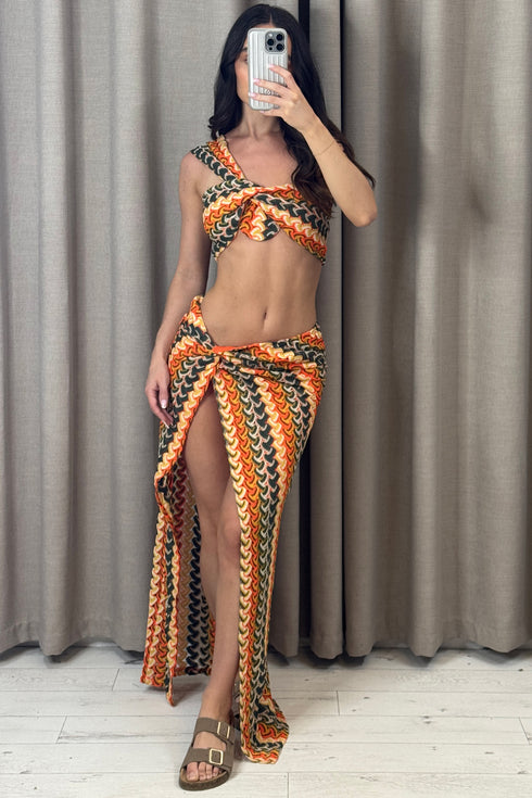 Renie Orange Crochet Knit Crop Top and Maxi Skirt Co-Ord Set