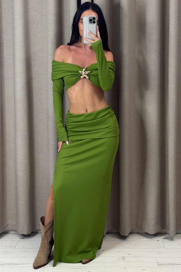 Aila Green Waffle Starfish Embellished Bardot Top and Skirt Co-Ord Set