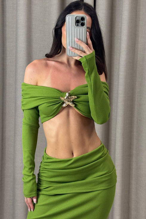 Aila Green Waffle Starfish Embellished Bardot Top and Skirt Co-Ord Set