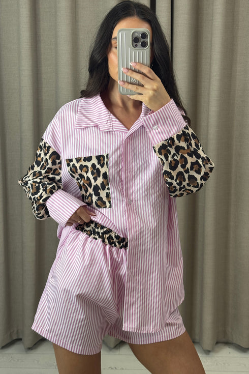 Kayleen Pink Stripe Leopard Print Shirt and Shorts Co-Ord Set