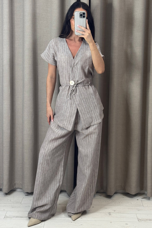 Sady Beige Stripe Gold Button Waistcoat and Wide Leg Trousers Co-Ord Set