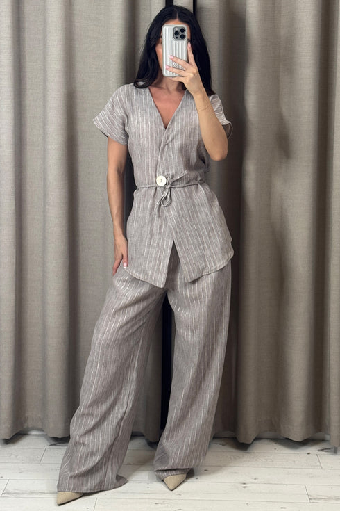 Sady Beige Stripe Gold Button Waistcoat and Wide Leg Trousers Co-Ord Set