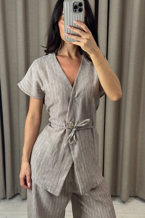 Sady Beige Stripe Gold Button Waistcoat and Wide Leg Trousers Co-Ord Set