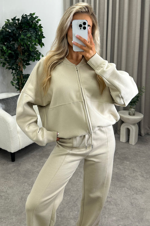 Emellie Beige Seam Front Zip Up Bomber Jacket and Joggers Tracksuit Set