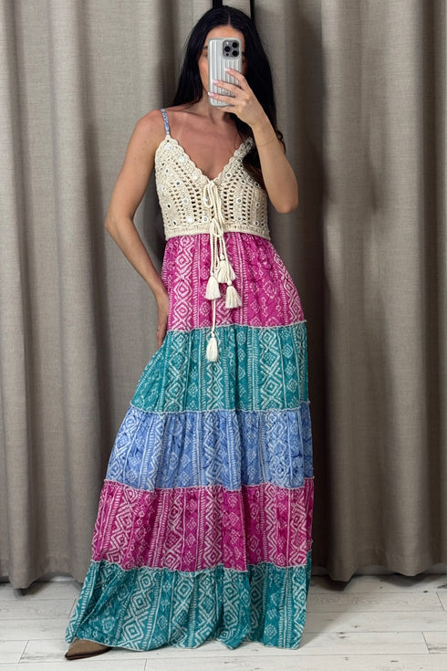 Kolbie Multi Crochet Tiered Tassel Maxi Dress