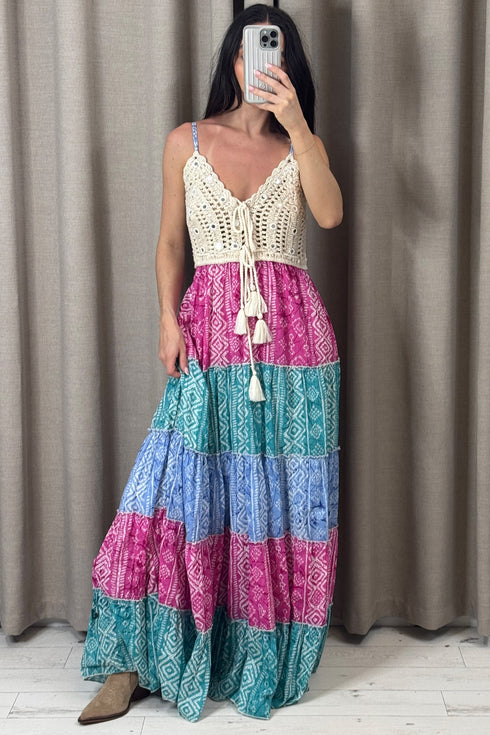 Kolbie Multi Crochet Tiered Tassel Maxi Dress