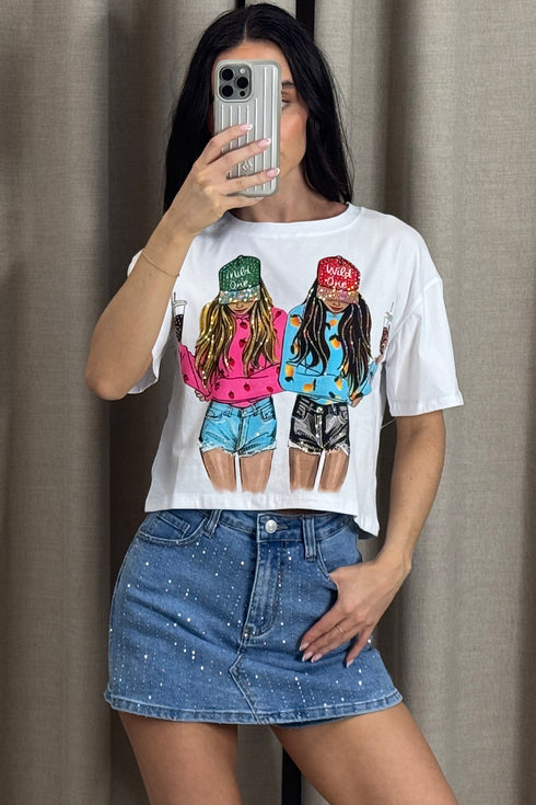 Caterina White Diamante Embellished Girl Graphic Print Crop T-Shirt
