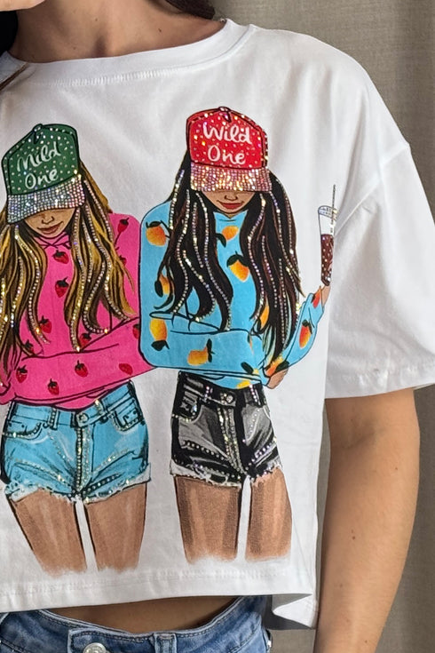 Caterina White Diamante Embellished Girl Graphic Print Crop T-Shirt