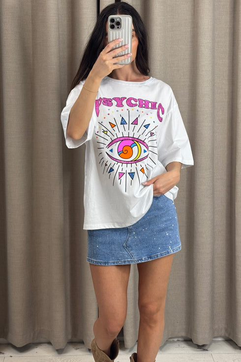 Mirabell White Psychic Diamante Embellished Eye Graphic Print Oversized T-Shirt