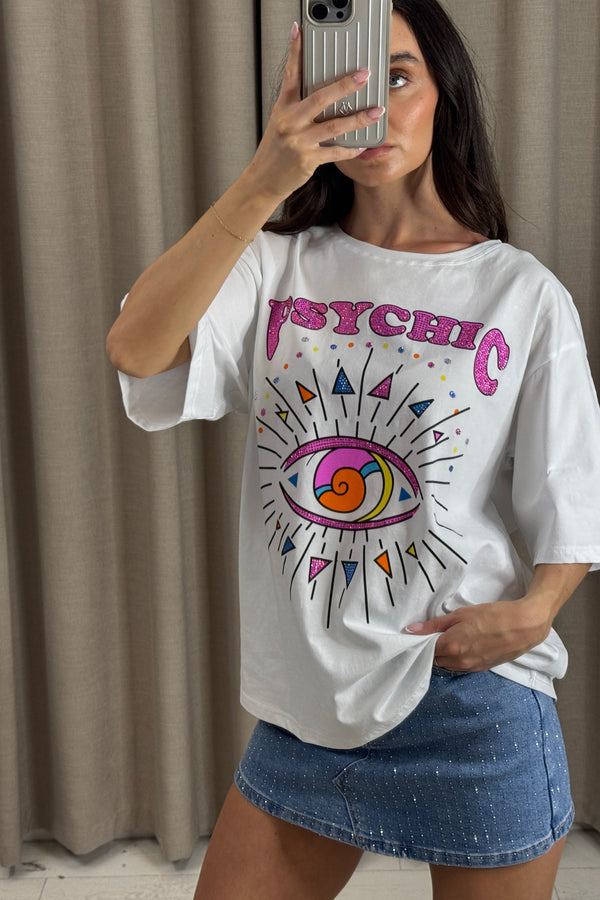 Mirabell White Psychic Diamante Embellished Eye Graphic Print Oversized T-Shirt