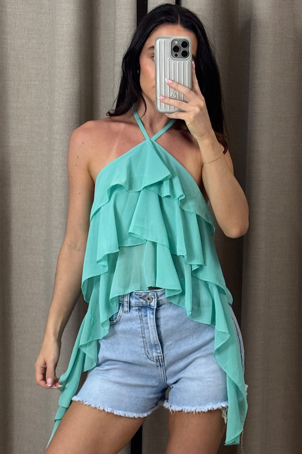 Saffie Mint Green Chiffon Ruffle Drape Halterneck Top