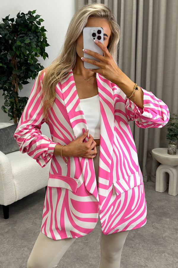 Ariella Pink Zebra Print Ruched Sleeve Oversized Blazer