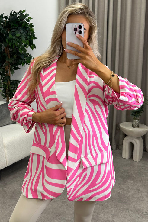 Ariella Pink Zebra Print Ruched Sleeve Oversized Blazer