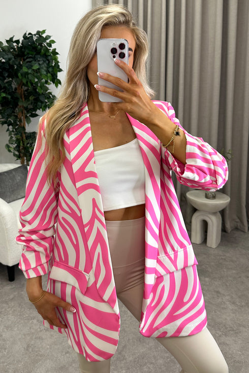 Ariella Pink Zebra Print Ruched Sleeve Oversized Blazer