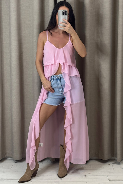 Kianne Baby Pink Chiffon Ruffle Drape Longline Top