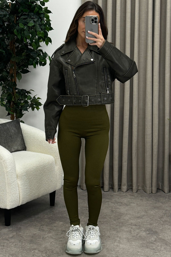 Imane Khaki Washed Faux Leather PU Zip Up Belted Cropped Biker Jacket