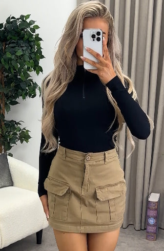 Caroline Beige High Waisted Cargo Pocket Utility Mini Skirt