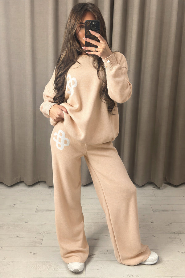 Lison Beige Knitted Loungewear Set with Contrasting Emblem