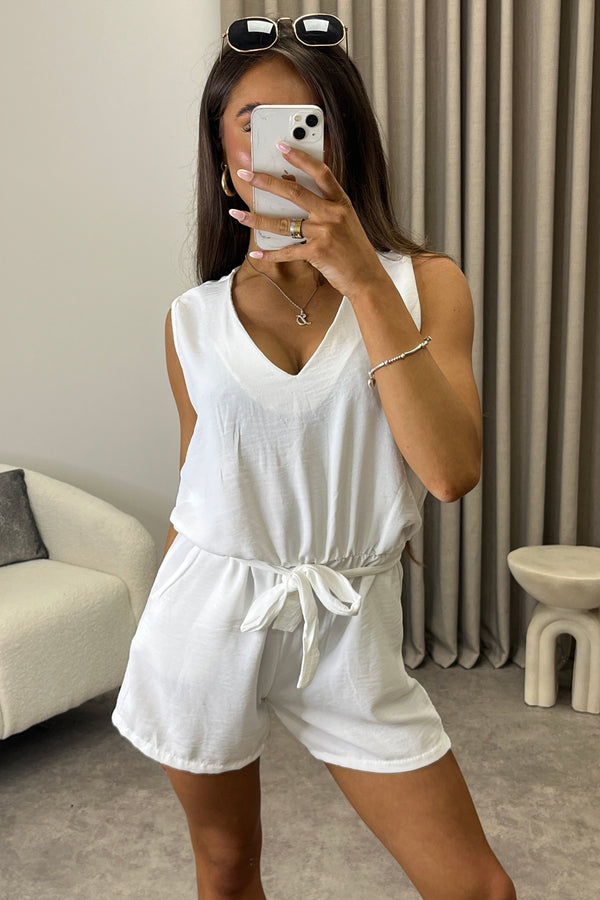 Elaney White V Neck Sleeveless Tie Back Belted Playsuit