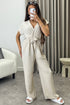 Anny Beige Short Sleeve V Neck Plunge Belted Jumpsuit