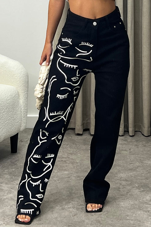 Esther Black Line Art Face Print High Waisted Denim Jeans