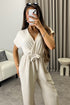 Anny Beige Short Sleeve V Neck Plunge Belted Jumpsuit