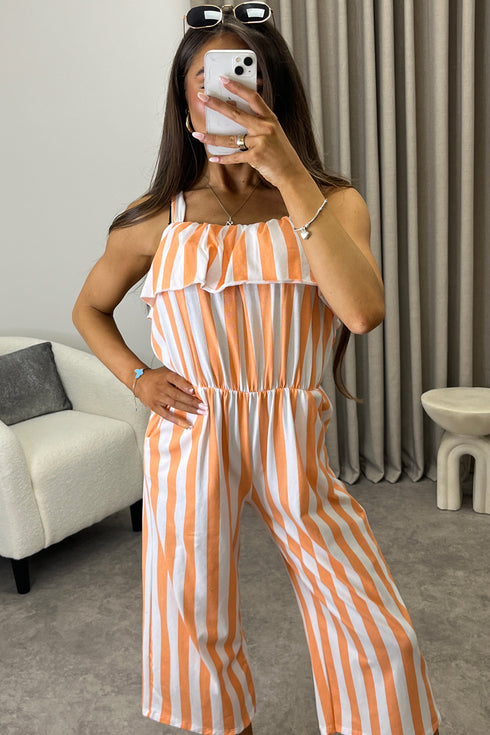 Esmme Orange Stripe Print Frill Detail Culotte Jumpsuit