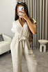 Anny Beige Short Sleeve V Neck Plunge Belted Jumpsuit