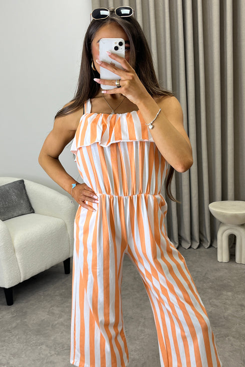 Esmme Orange Stripe Print Frill Detail Culotte Jumpsuit