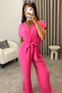 Anny Neon Pink Short Sleeve V Neck Plunge Belted Jumpsuit